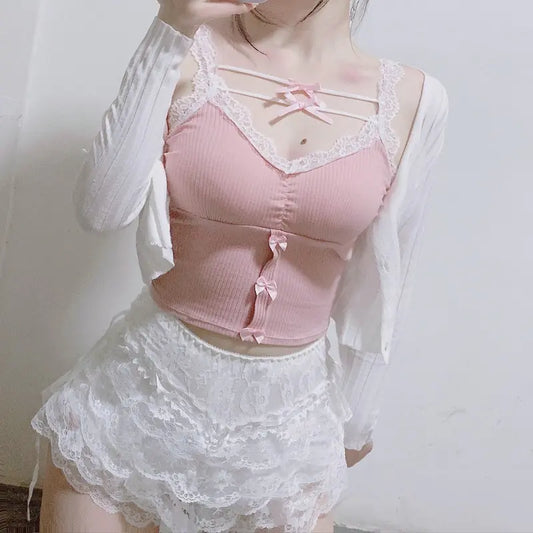 Lace Trim Pink Crop Top